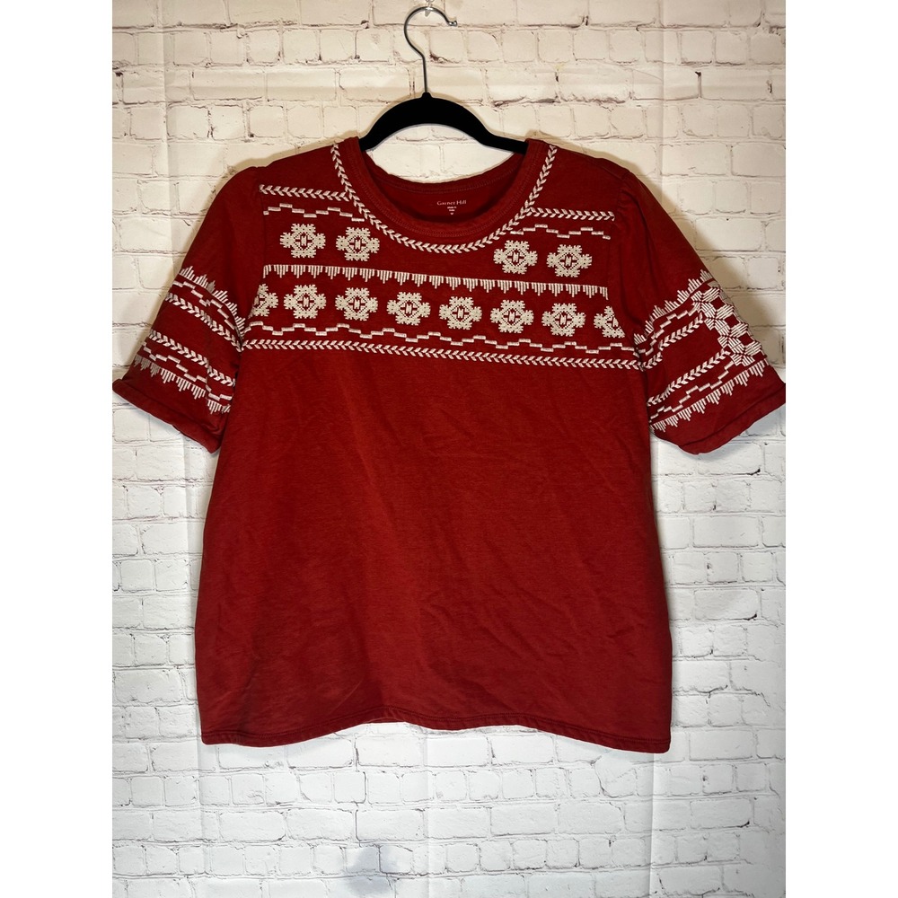 Garnet Hill Rust Red Embroidered Organic Cotton Tencel Short Sleeve Sweatshirt M